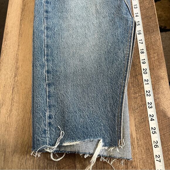 Levi's Premium Denim Jean Button Fly Midi Skirt Raw Hem Distressed Size 26 Slit - Picture 11 of 12